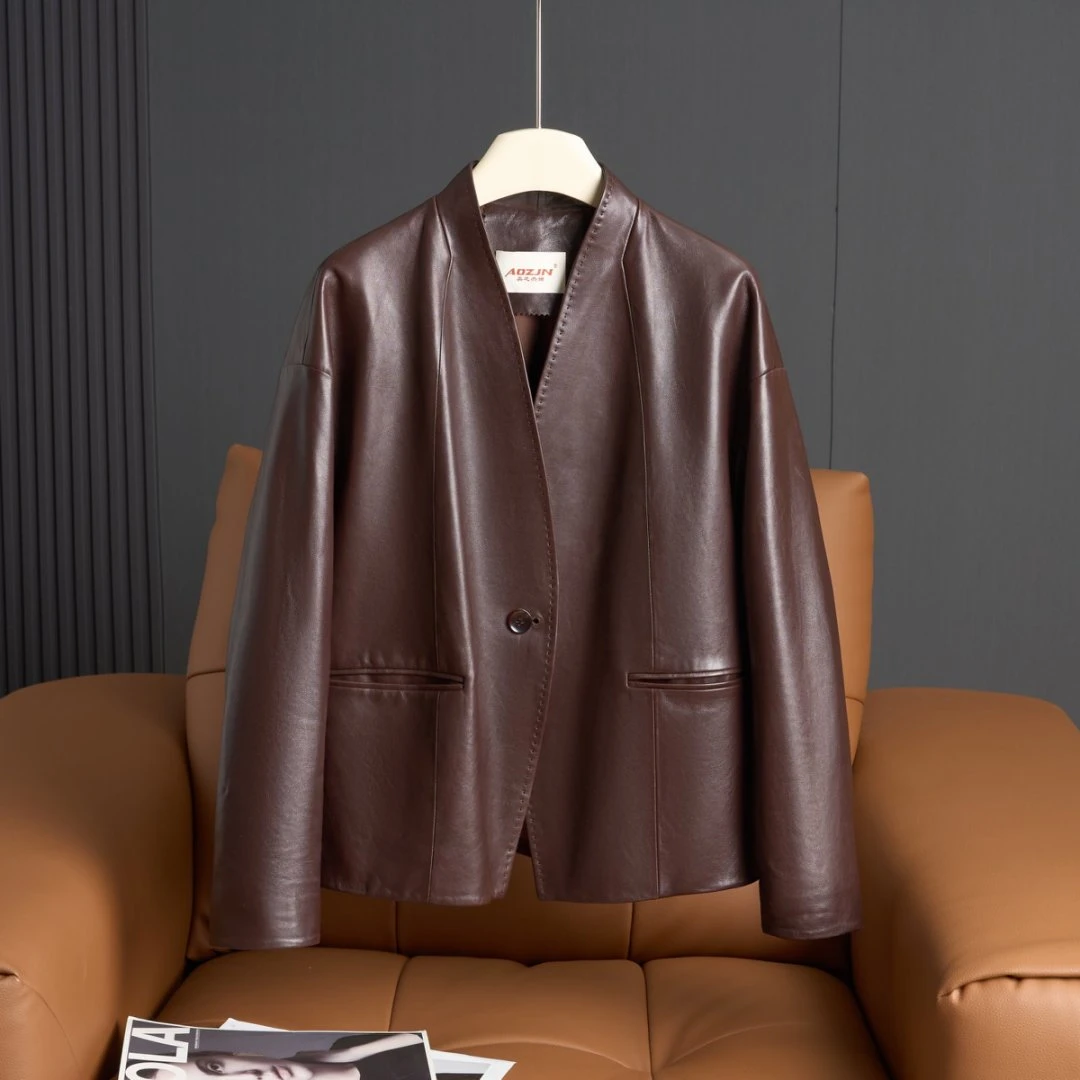 （棕调诗语）薄款短款小清新韩版皮衣外套立领春季时尚女装W005