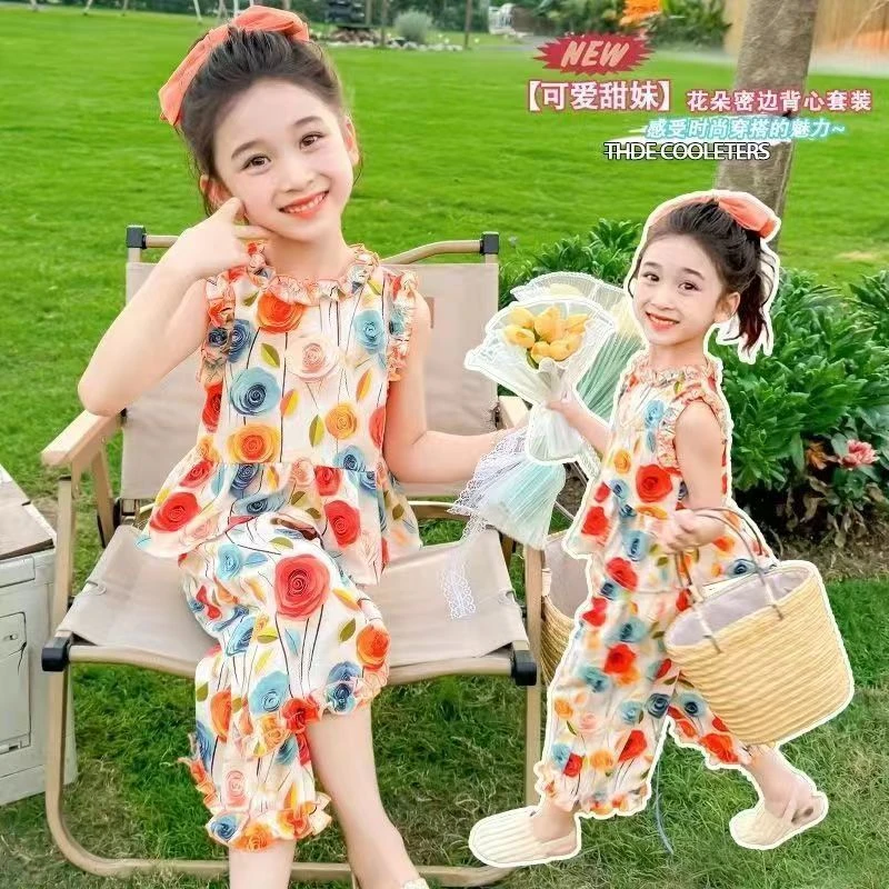2024新款儿童洋气时尚无袖立体花阔腿裤女宝套装女童夏装夏季
