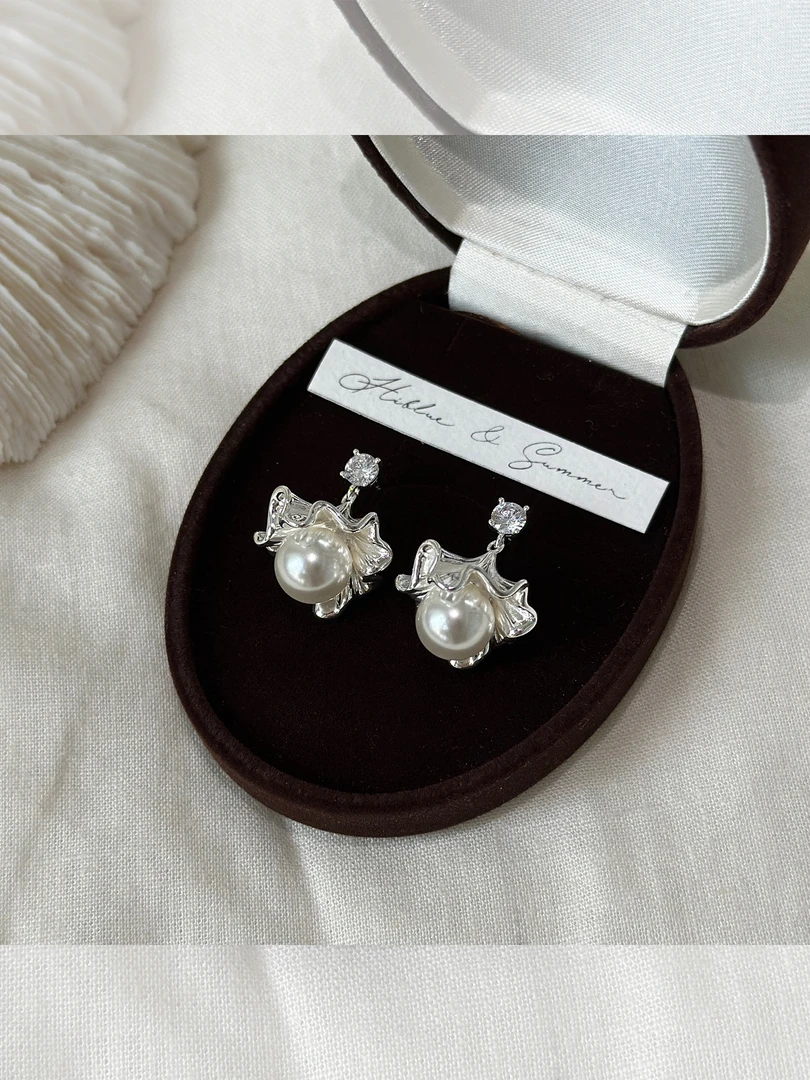 铜合金耳饰 小众扇形银杏叶流苏珍珠耳环夏天耳坠2025新款高级感