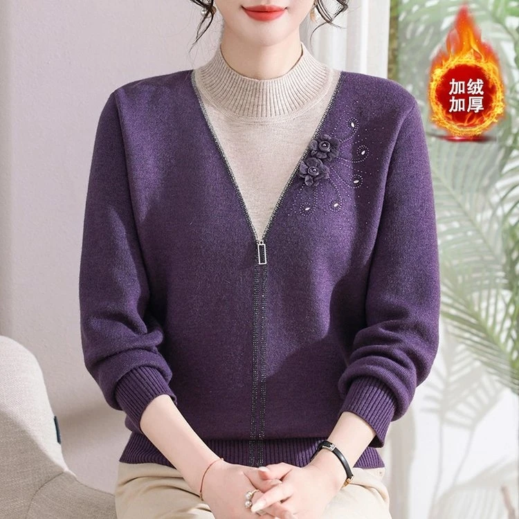 妈妈冬季加绒加厚毛衣女装洋气提花假两件一体绒长袖针织保暖上衣