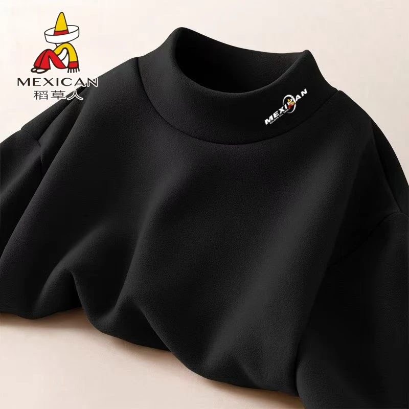 稻草人真德绒男生半高领长袖t恤男女春秋冬加绒保暖秋衣打底衫男