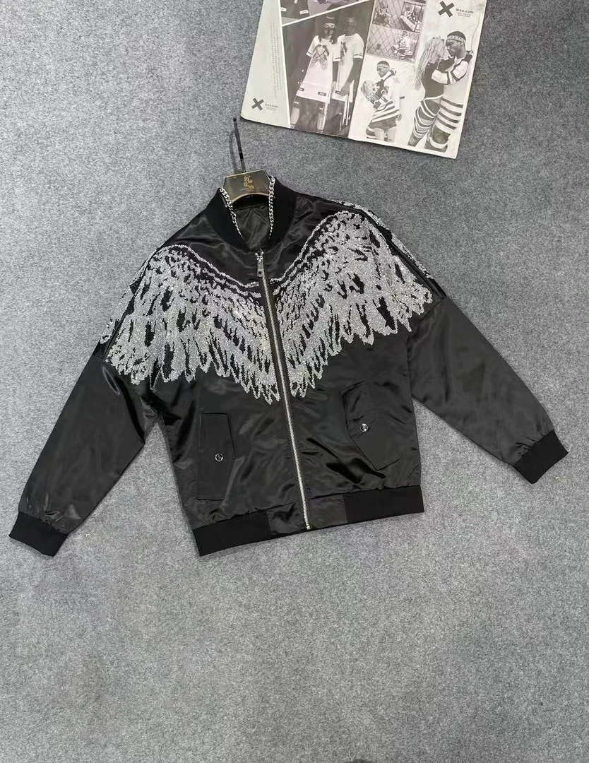 12029#春季长袖黑色立体时尚轻奢翅膀重工男士休闲男外套设计师潮