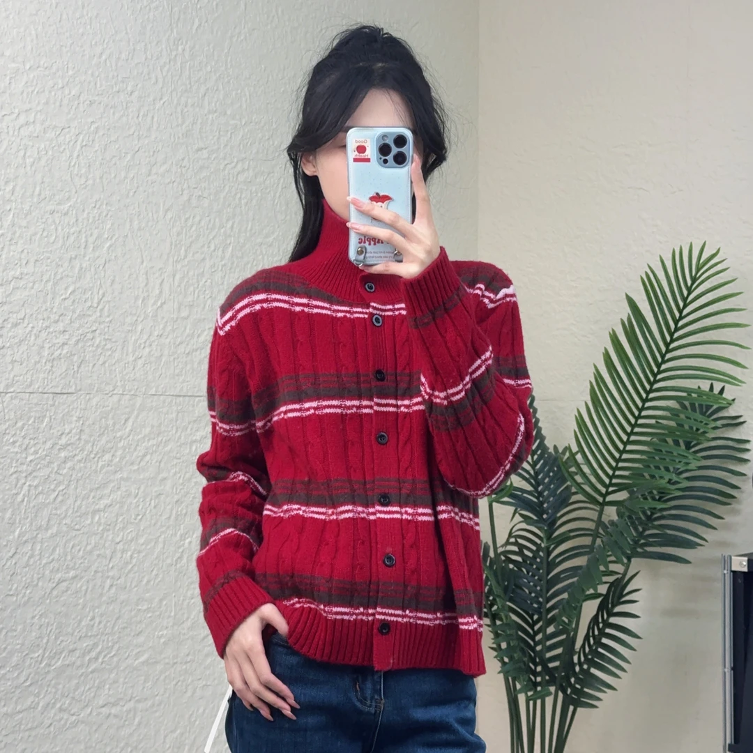 【硬货】5261时尚袖子刺绣织法百搭设计秋冬条纹立领女毛衣开衫