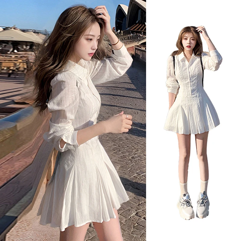 【有里布】2025春季新款连衣裙法式收腰设计感百褶衬衫裙子女D0301