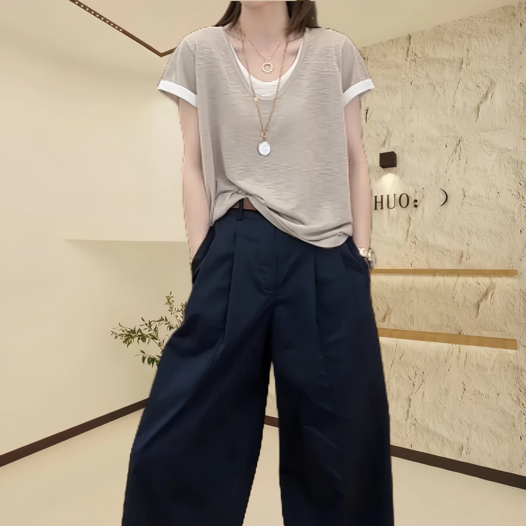 25夏季新款韩版百搭修身显瘦时尚简约针织短袖气质纯色假两件上衣