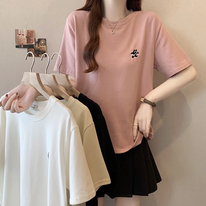 卡通猫咪便当印花短袖T恤上衣2025夏装新款大码胖mm显瘦百搭青春