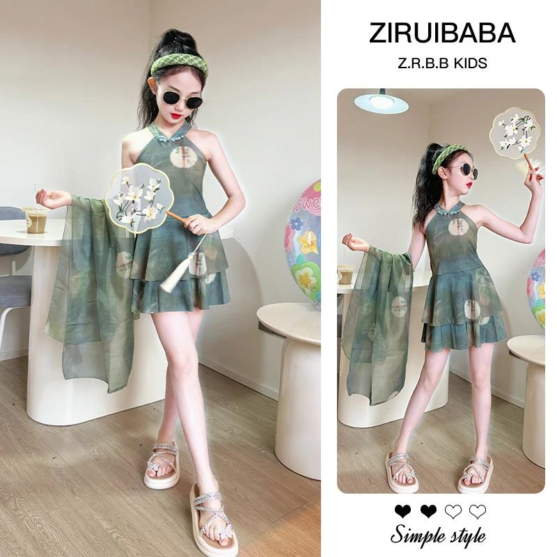 女童温泉泳衣2025新款儿童海边防晒国风连体游泳衣女孩新中式泳装