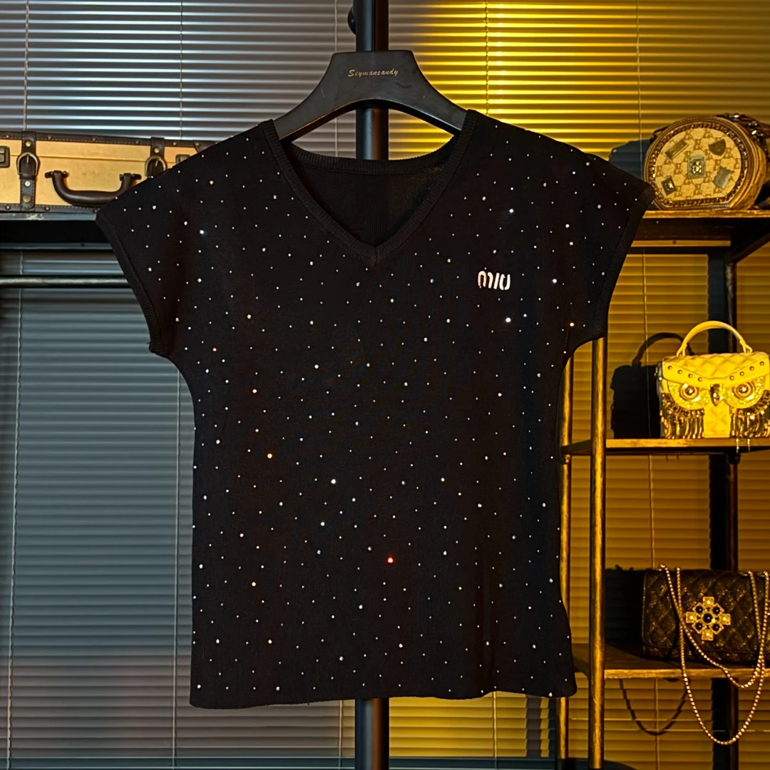 烫钻V领修身显瘦针织衫短袖女202夏季新款打底衫亮闪闪短款上衣