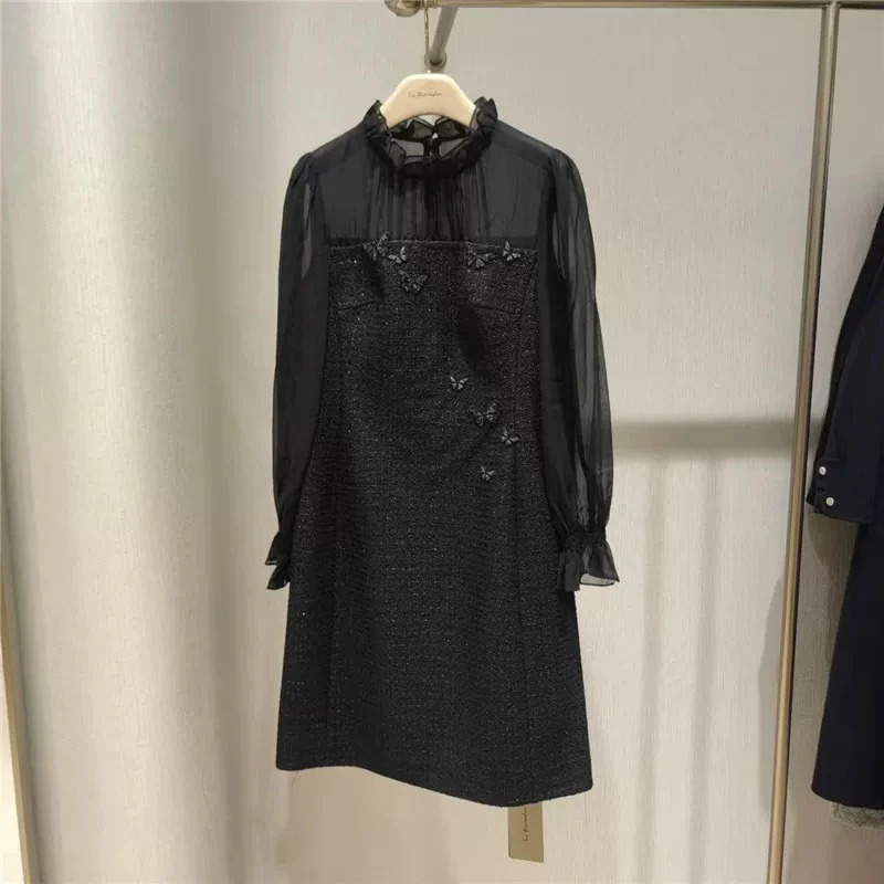 气质木耳领拼接礼服裙纯色连衣裙