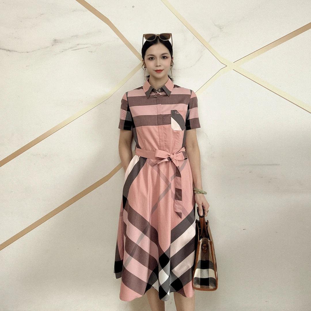 夏季新款女士格子裙子时尚百搭翻领减龄条纹短袖长款连衣裙显瘦潮