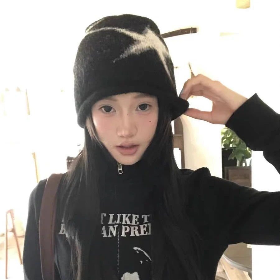 时髦大星星印花堆堆帽子女春秋冬韩版日系百搭显脸小包头帽潮ins
