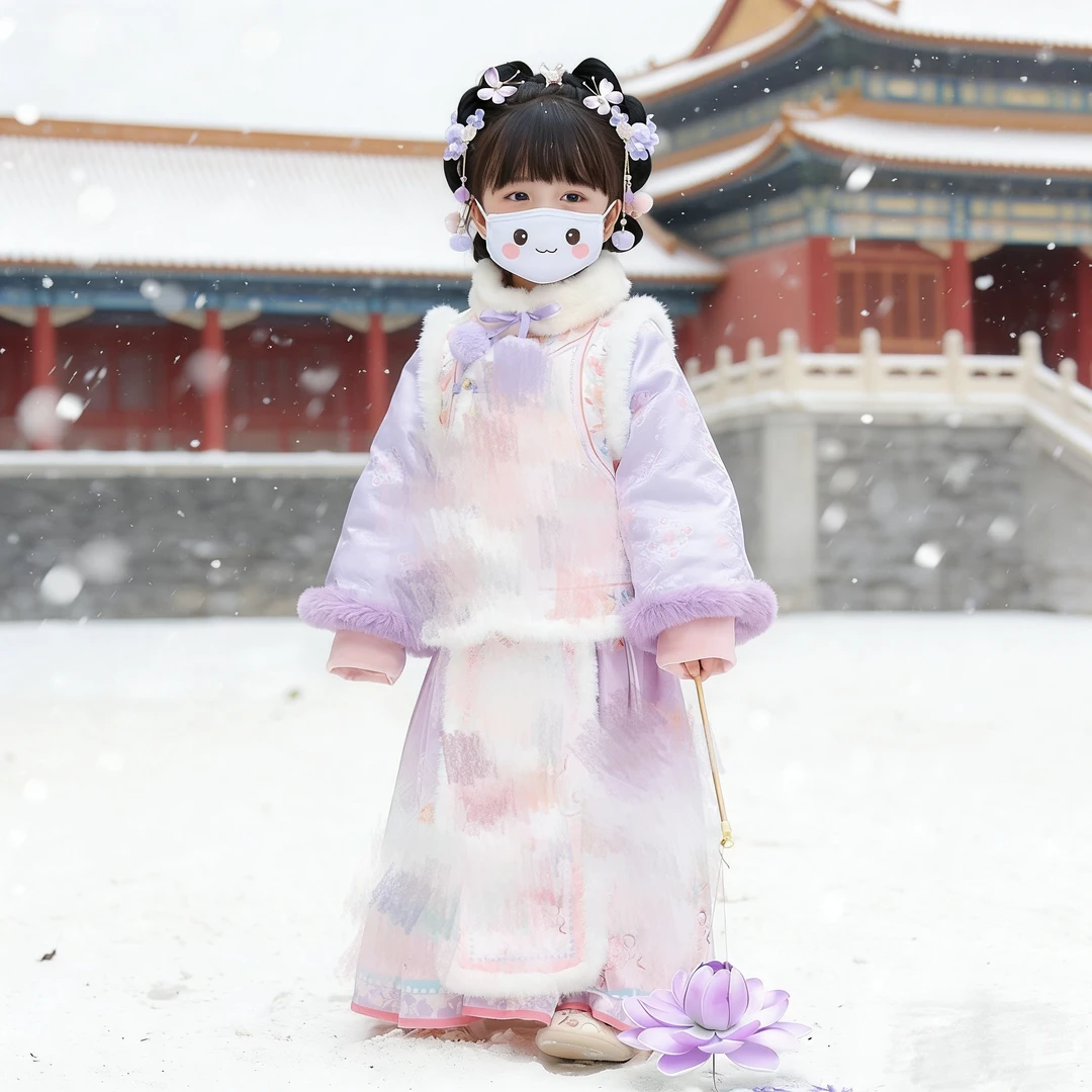 春亦归紫兔桃桃 女童汉服加绒裤子唐装2025新款新中式儿童套装冬