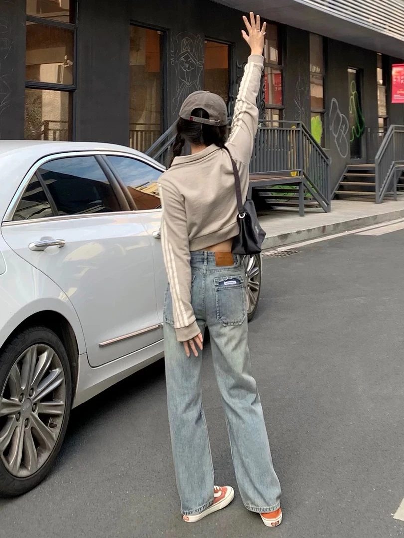 [李]高腰直筒牛仔裤女春季新款宽松显瘦复古浅色阔腿拖地裤