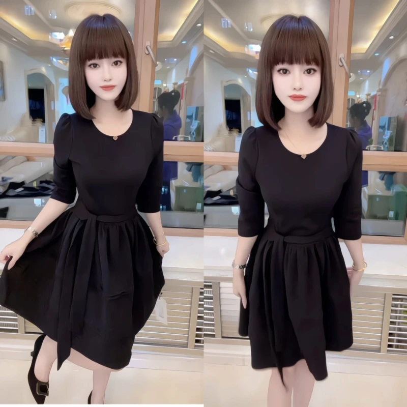 新款圆领系带收腰赫本风黑色连衣裙高级气质女神范