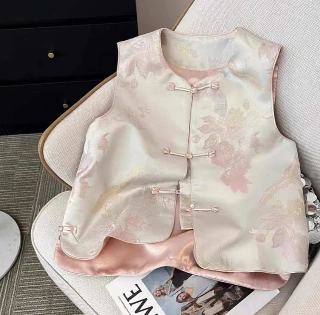 2025秋季新款新中式国风马甲女缎面织锦提花百搭复古手工盘扣开衫