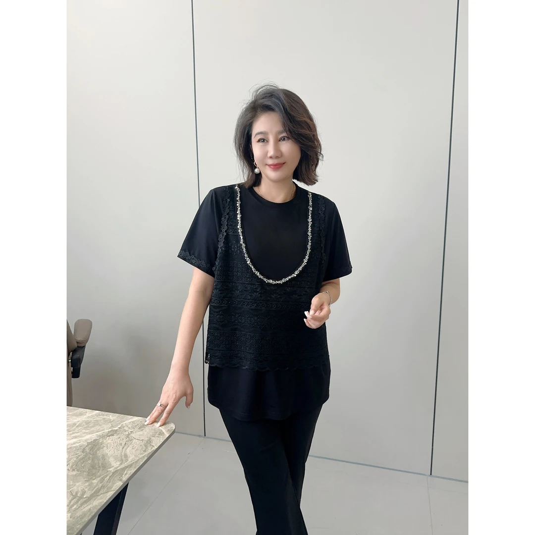 微胖女装【轻奢主义】珠片假两件T恤正肩上衣洋气显瘦夏季新款20698