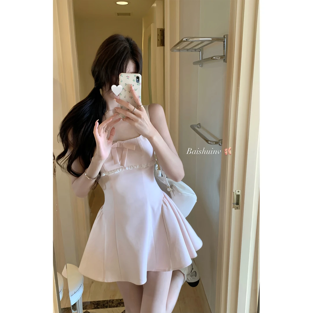 白水女 芭蕾少女 法式蝴蝶结吊带连衣裙气质显瘦裙子 B50651453