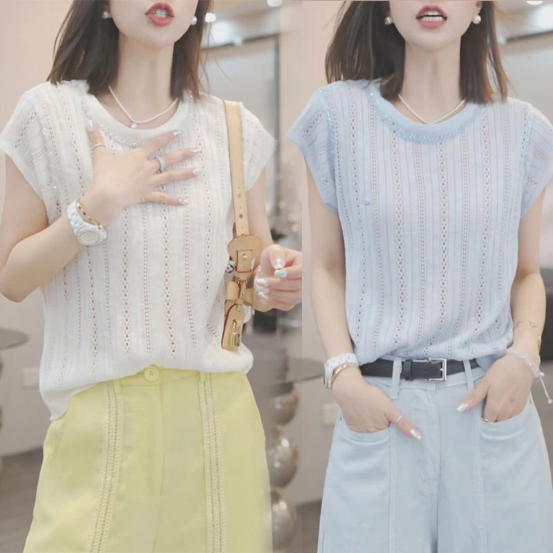 设计感后背镂空短袖小衫女夏季2026新款时髦洋气百搭透气针织上衣