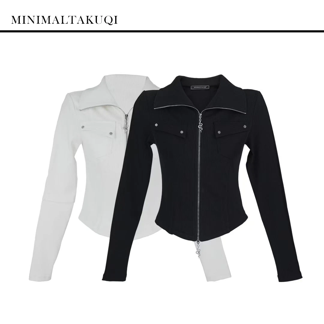 吉美•原创设计师款早春款拉链翻领开衫打底上衣