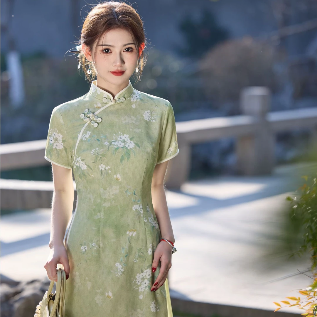 【竹叶青】2025春款新出炉奥黛显瘦小个子日常气质中式旗袍 衣长115