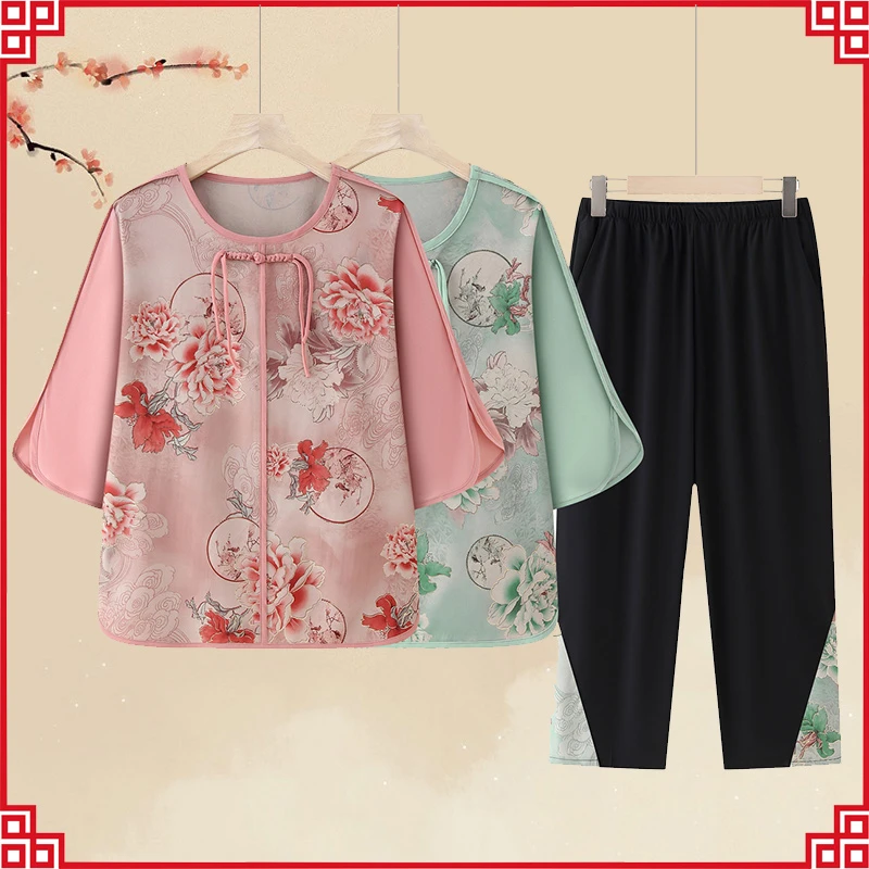 妈妈夏装套装洋气老年人女短袖T桖母亲节2025夏季新款两件套