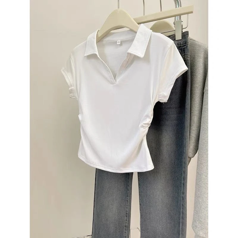 短袖短款褶皱纯棉V领小飞袖T恤翻领设计感百搭t恤