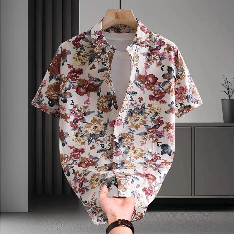 纯棉印花衬衫男士夏季港风个性时尚撞色短袖衬衫青年休闲外搭衬衣