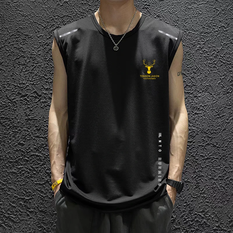 夏季男士冰丝透气背心运动健身打底衫宽肩训练无袖t恤坎肩速干