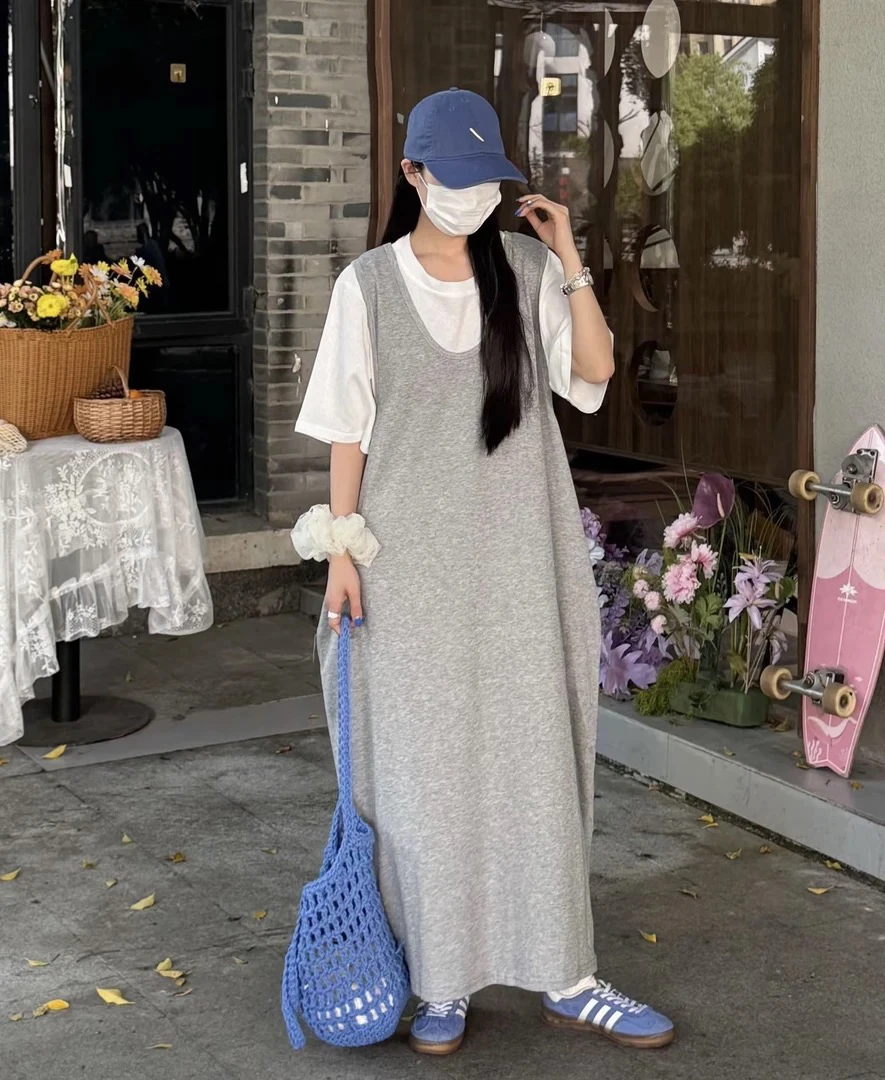 夏夜细雨～背后小细节镂空背心长裙＋纯色短袖套装