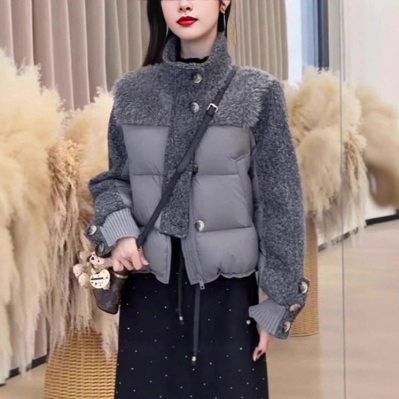 韩系羊羔毛拼接羽绒服女2025冬季立领面包服高级感白鸭绒短款外套