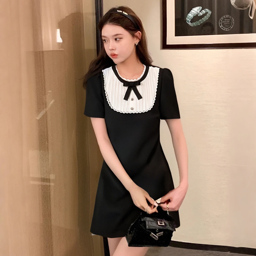 A2025夏新款miu系千金风蝴蝶结赫本风小黑裙A字裙子D1325