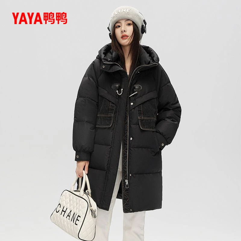 YAYA/鸭鸭【YE3B607609M】韩版简约牛仔拼接长款女士鸭绒羽绒服外套