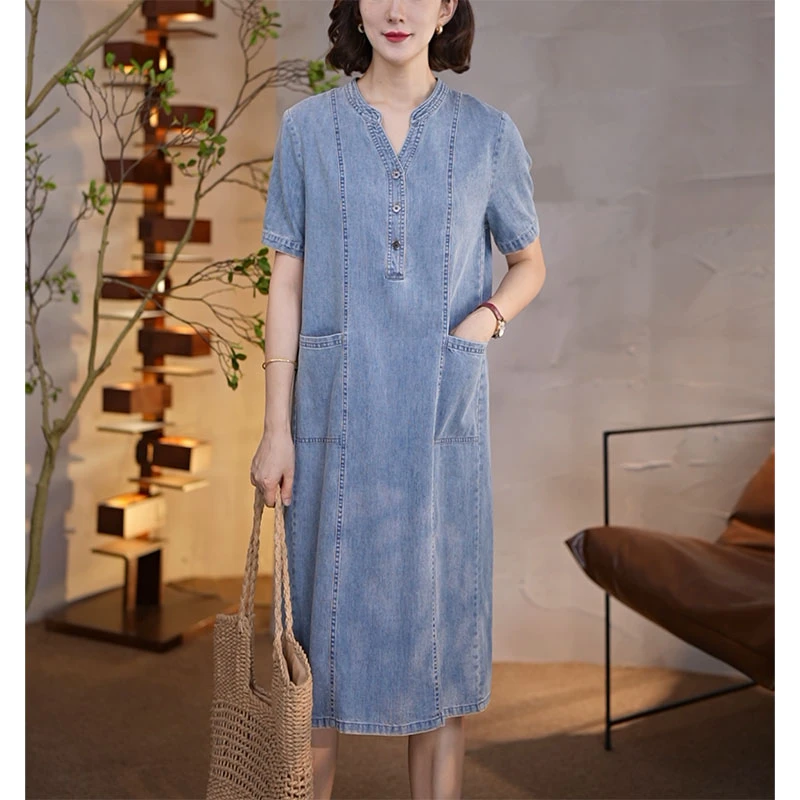 卓芙彩8577经典V领水洗软牛仔连衣裙中长款