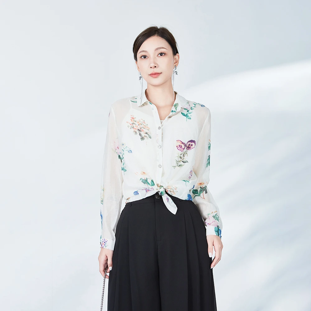 sdeer圣迪奥女装时尚复古翻领印花撞色吊带两件套衬衫S243Z0507