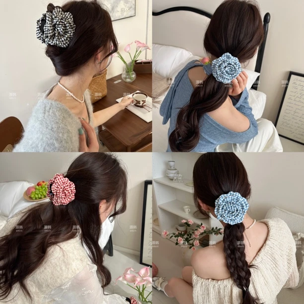 格子的春天～撞色黑白格花朵抓夹简约发抓发夹大花朵发圈发饰头饰