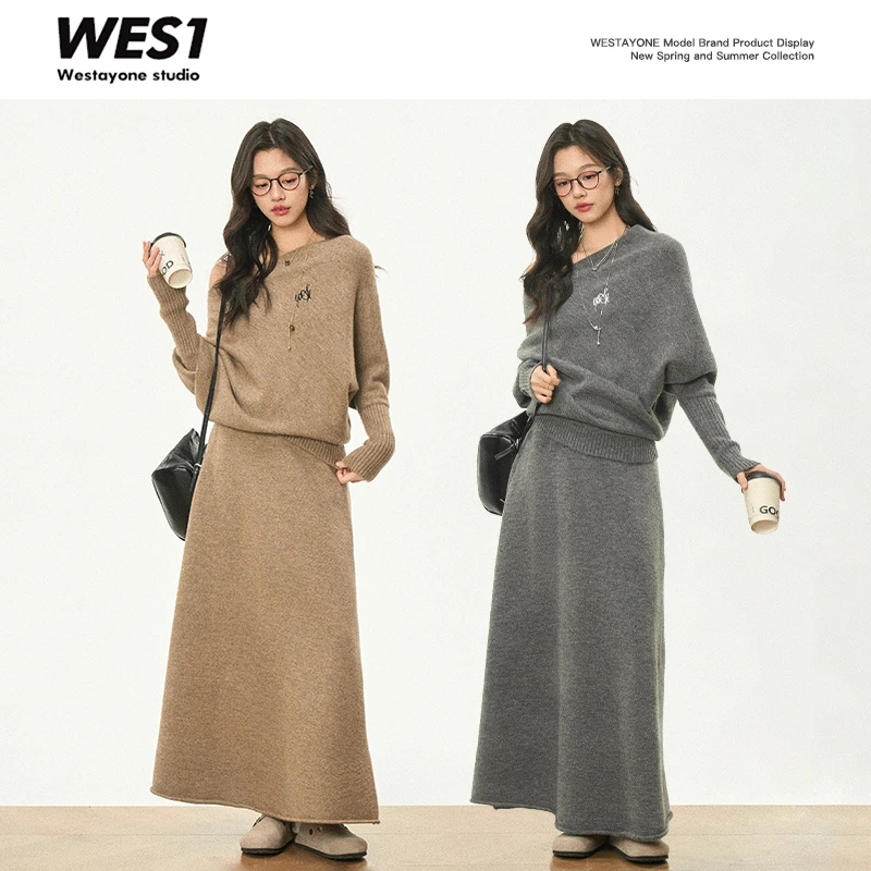 【专属】WESTAYONE秋季新款休闲两件套装一字肩上衣半身裙