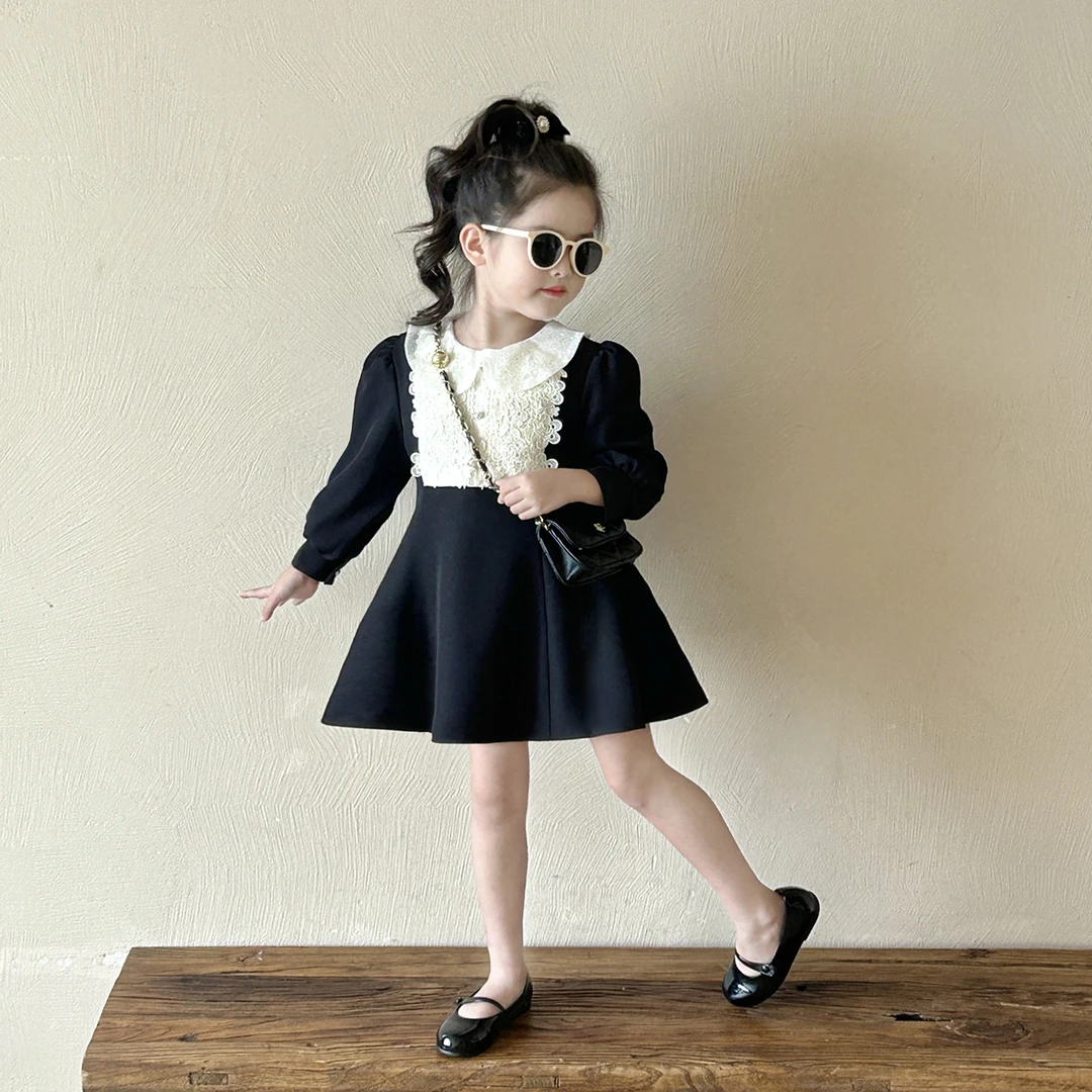 女童蕾丝娃娃领小黑裙连衣裙2025秋季新款女孩高级感公主裙礼服裙