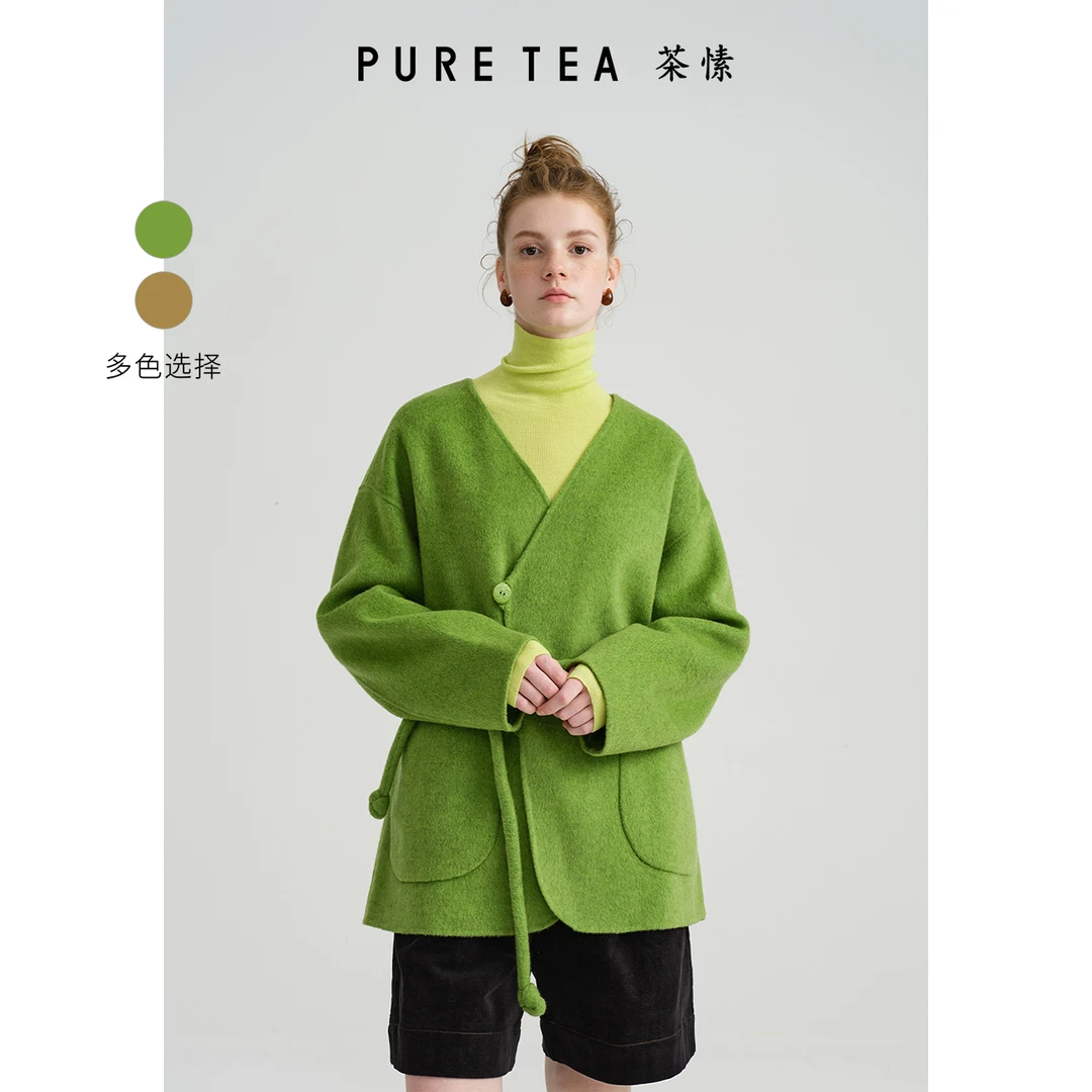 【复古双面呢】茶愫V领羊毛呢外套女系带收腰大衣秋新款TC2201B42