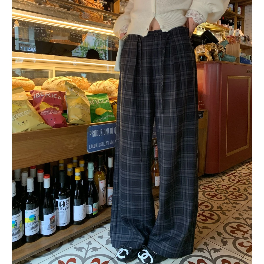 松弛慵懒随性藏青格纹宽松阔腿裤秋季新款休闲裤长裤显瘦格子裤