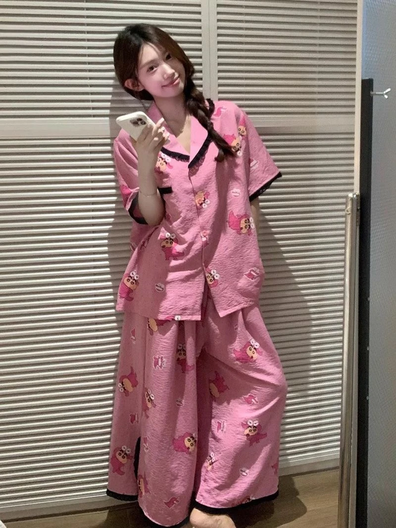 【鳄鱼小新】睡衣女夏季新款韩版甜美蜡笔小新短袖长裤家居服套装