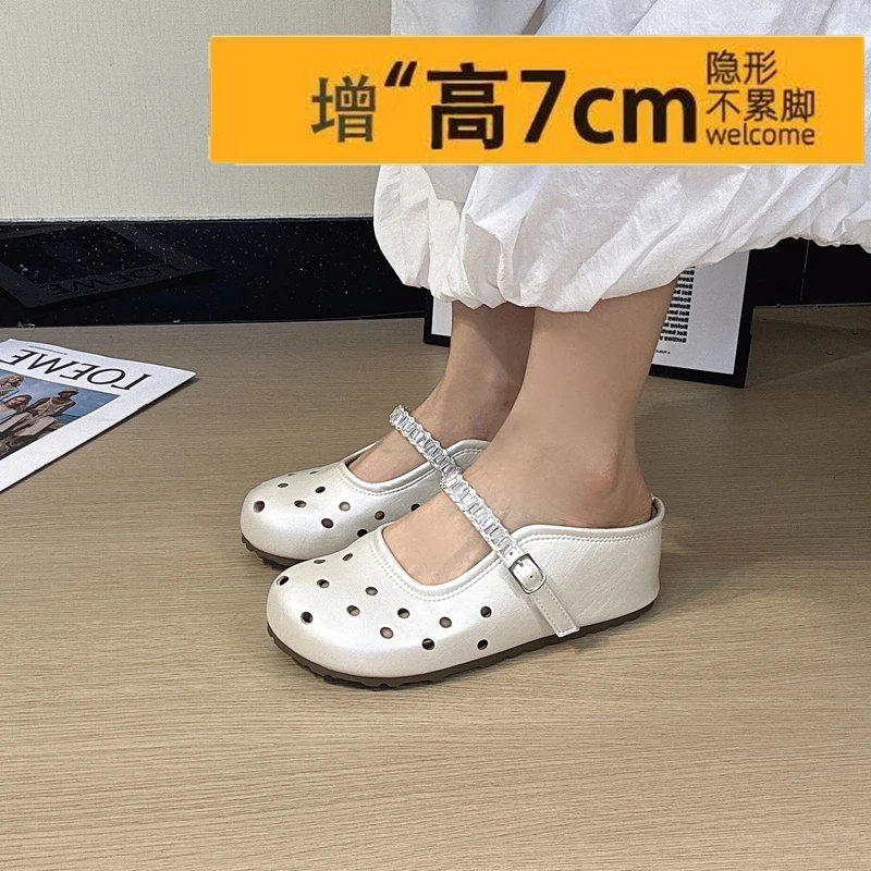 内增高7cm法式水钻晚风包头半拖鞋女夏季外穿玛丽珍鞋半托凉拖鞋