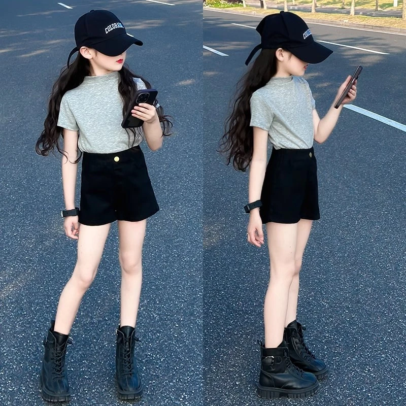 女童夏季短袖T恤高腰短裤两件套2025女孩新款夏装洋气时髦大童装