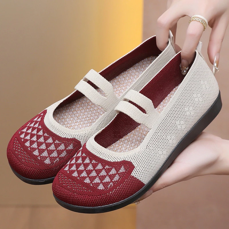 2025春季新款一脚蹬懒人舒适透气平底休闲鞋飞织网面妈妈鞋