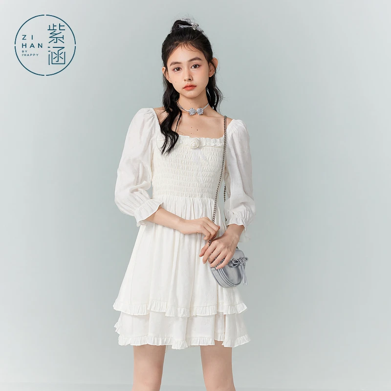 紫涵方领七分袖连衣裙秋季甜美风修身高腰短裙Z4Z06AS152