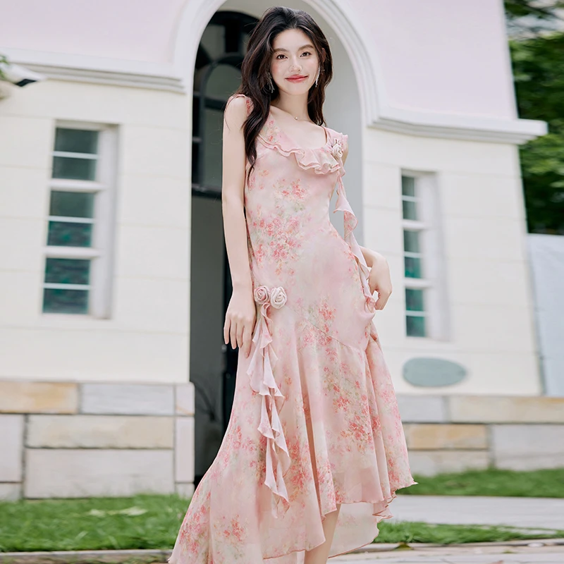 高级设计感超好看长裙法式温柔风洋气粉色碎花吊带连衣裙女夏2491