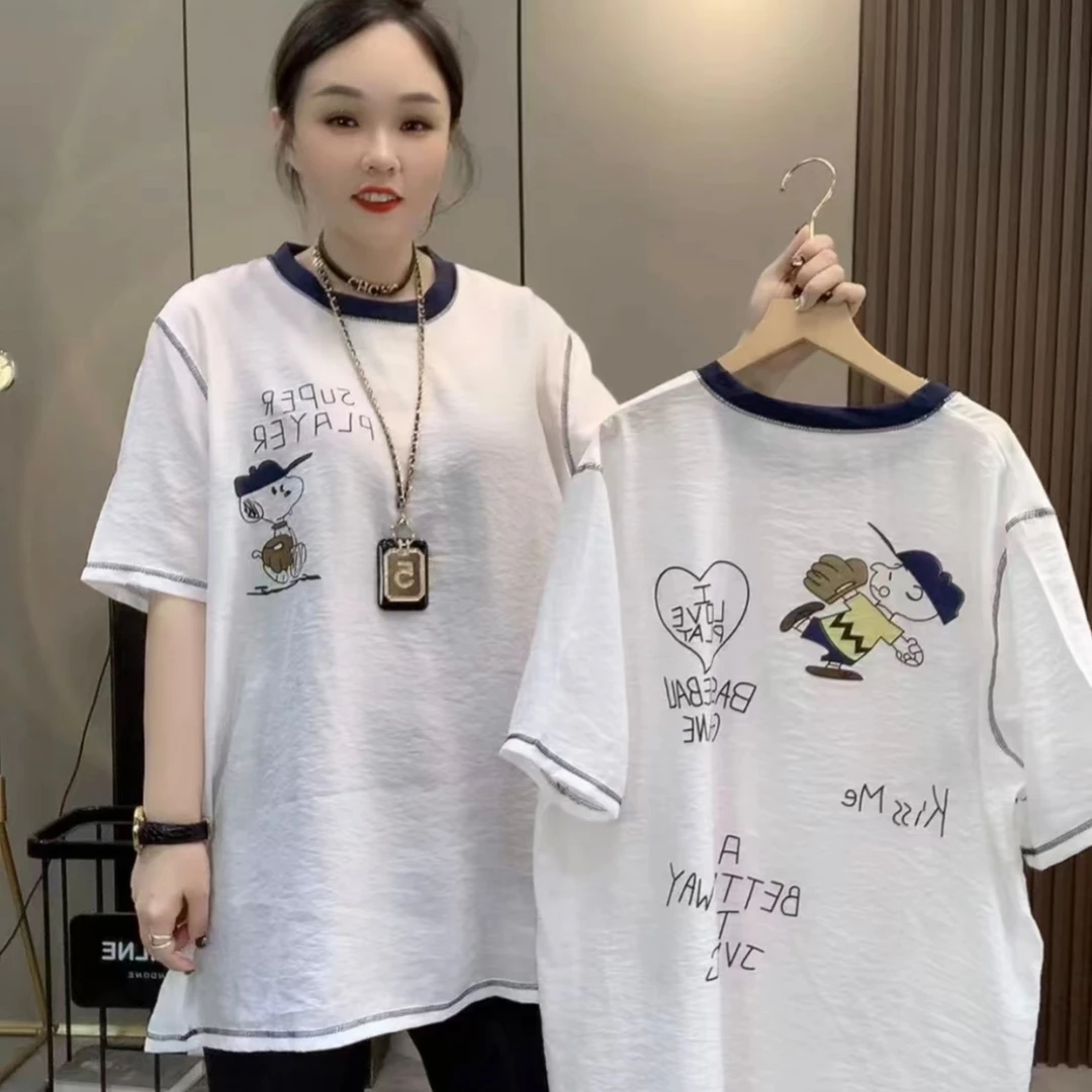 大码卡通字母涂鸦明线遮肉显瘦大版衫2721