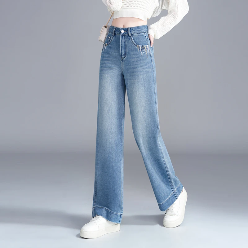 正品高端时尚窄版阔腿牛仔裤女2025秋季新款显瘦刺绣百搭直筒裤子