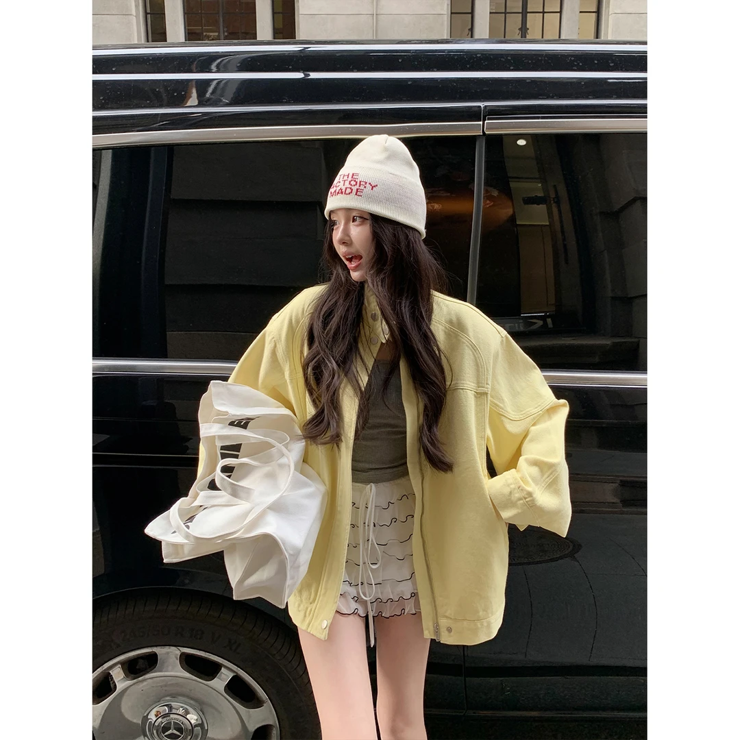 区区欧阳 彩牛系列！浅黄色牛仔夹克外套女春季新款设计感夹克上衣