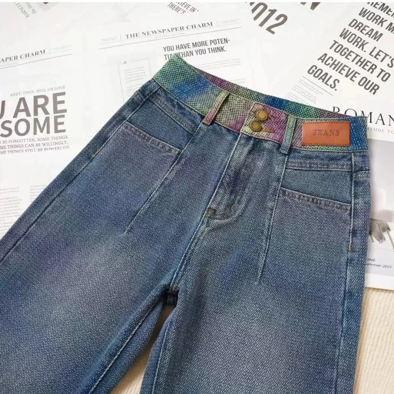 【春夏薄款】芯空纹牛仔裤女窄版春夏高腰小个子阔腿裤2025年新款