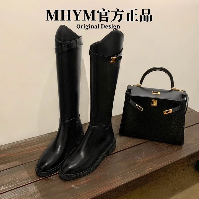 高级感牛皮版MH官方同款真皮斜口凯旋门扣带粗跟高筒骑士靴女长靴